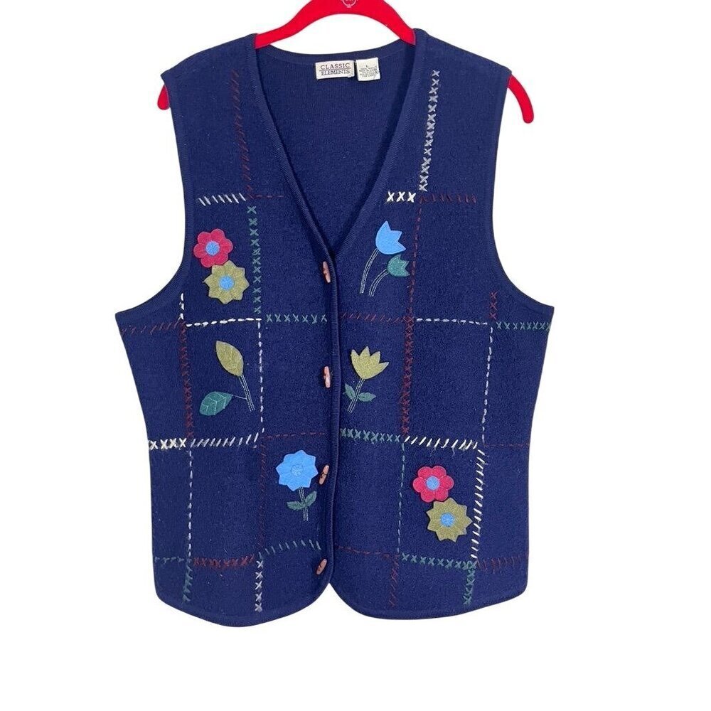 Classic Elements Vest Women L Blue Floral Hand Knit‎ Wool Artsy Colorful Preppy